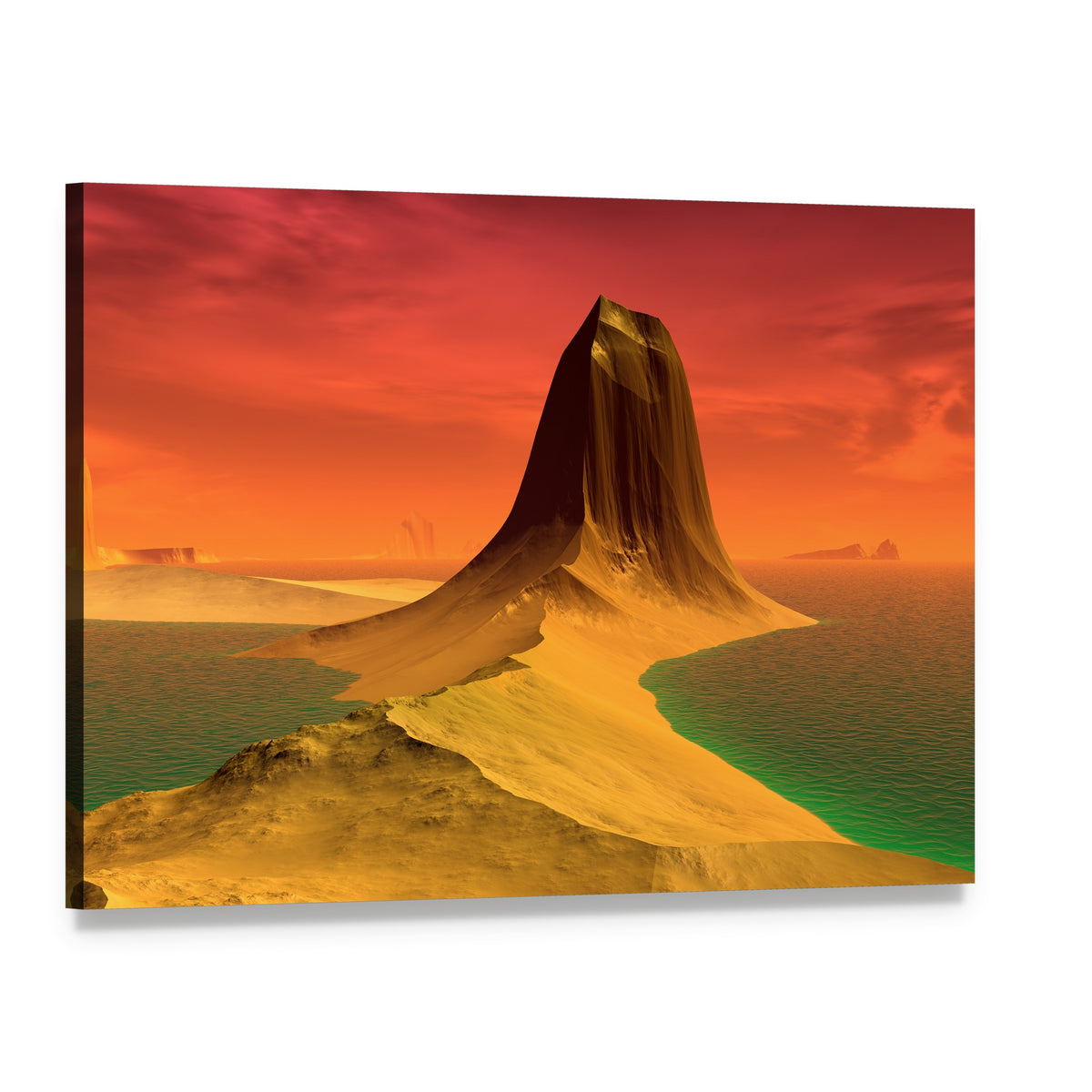 Alien Lake Beneath Striated Mountain Canvas Wall Art, single panel gallery wrapped canvas, angled product view