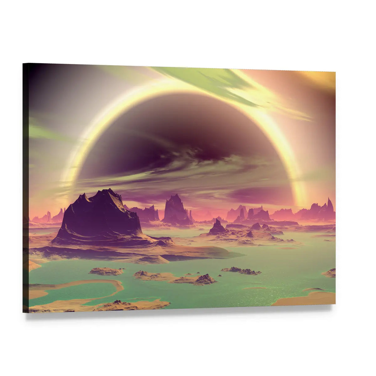 Alien Landscape with Glowing Halo Ring Canvas Wall Art, single panel gallery wrapped canvas, angled product view