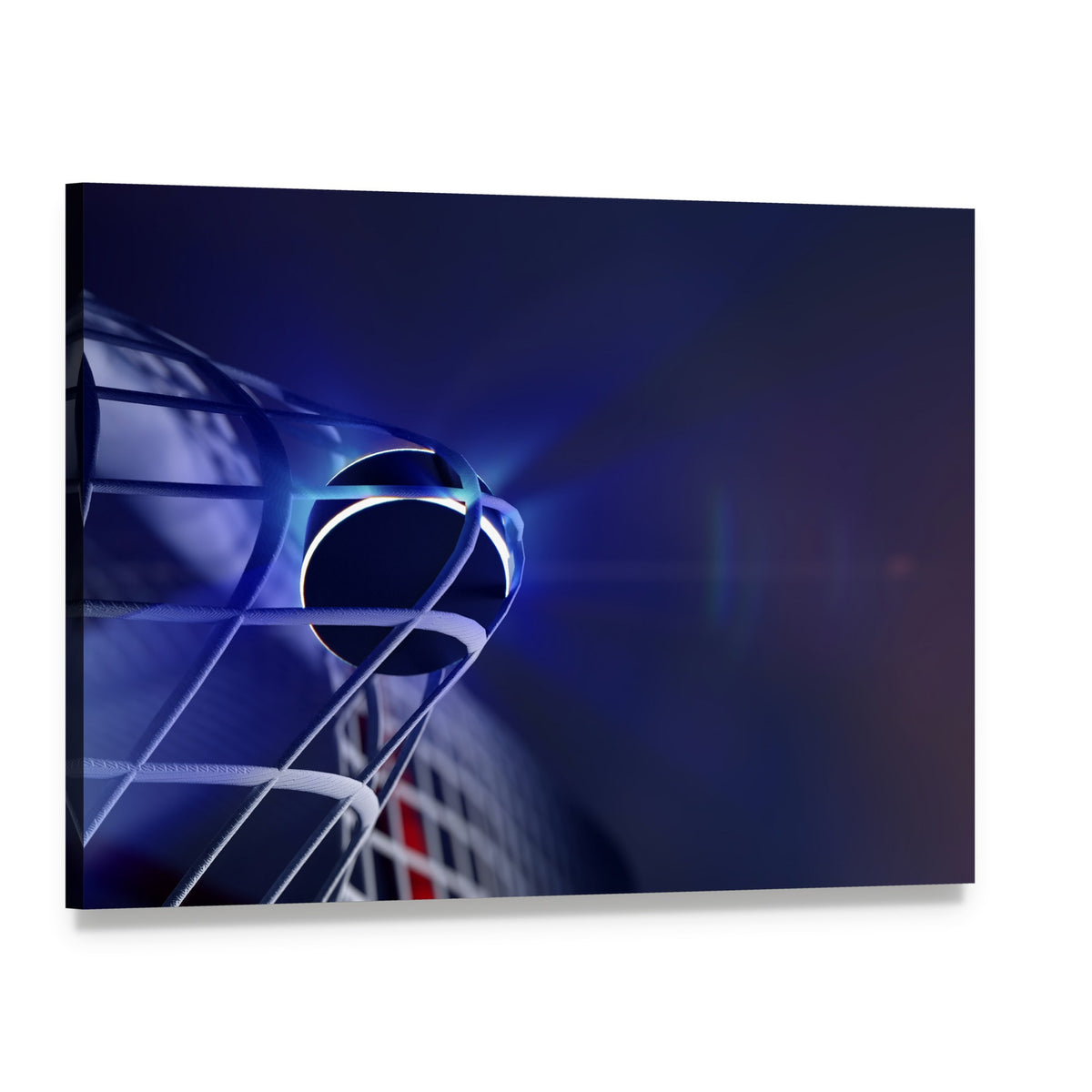 Puck in Hockey Net Canvas Wall Art, single panel gallery wrapped canvas, angled product view