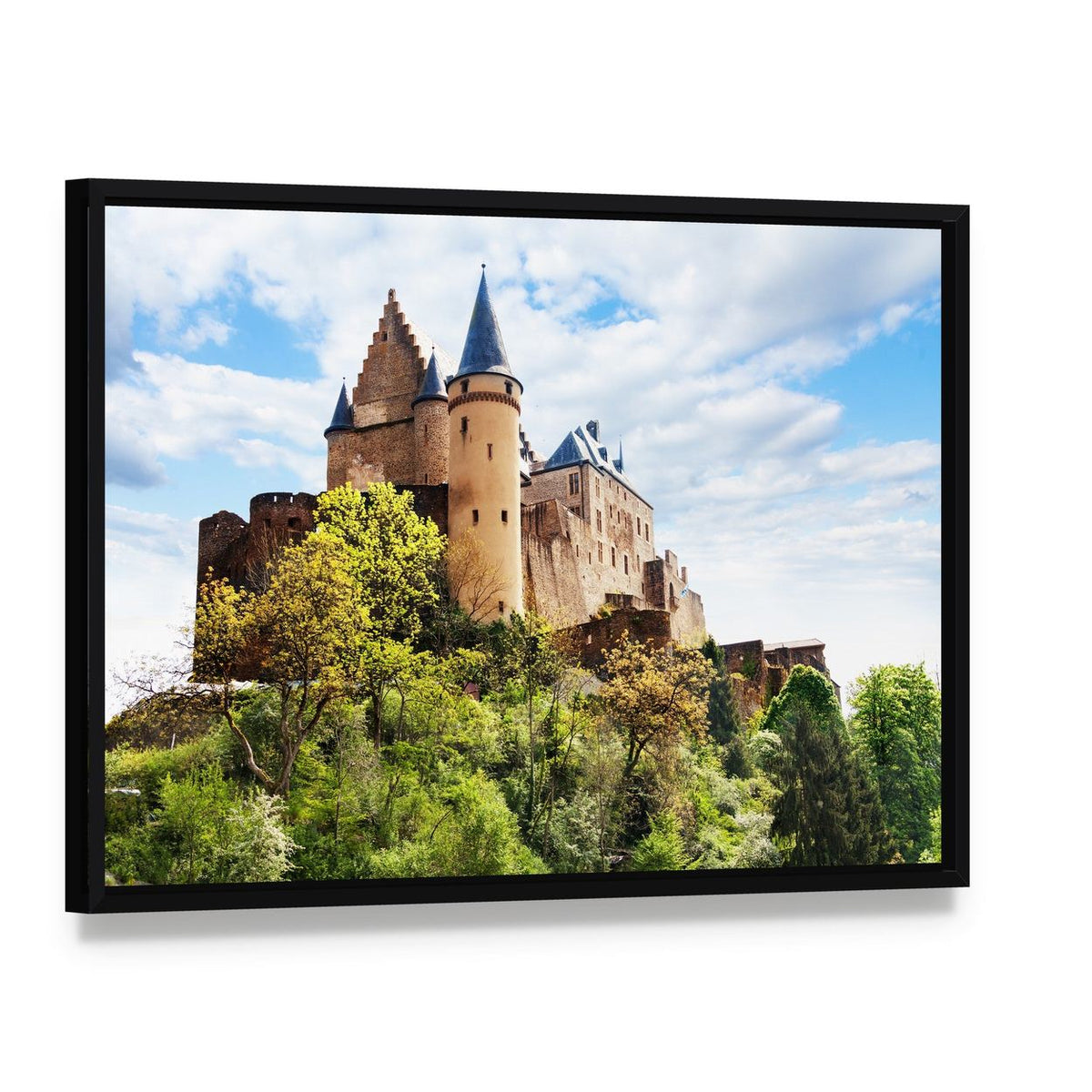 Vianden Castle Fortifications Canvas Wall Art, framed canvas in a black floater frame, angled product view