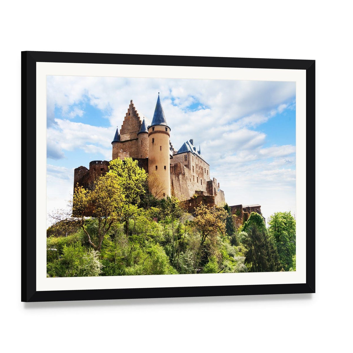 Vianden Castle Fortifications Canvas Wall Art, framed print with white mat and black frame, angled product view