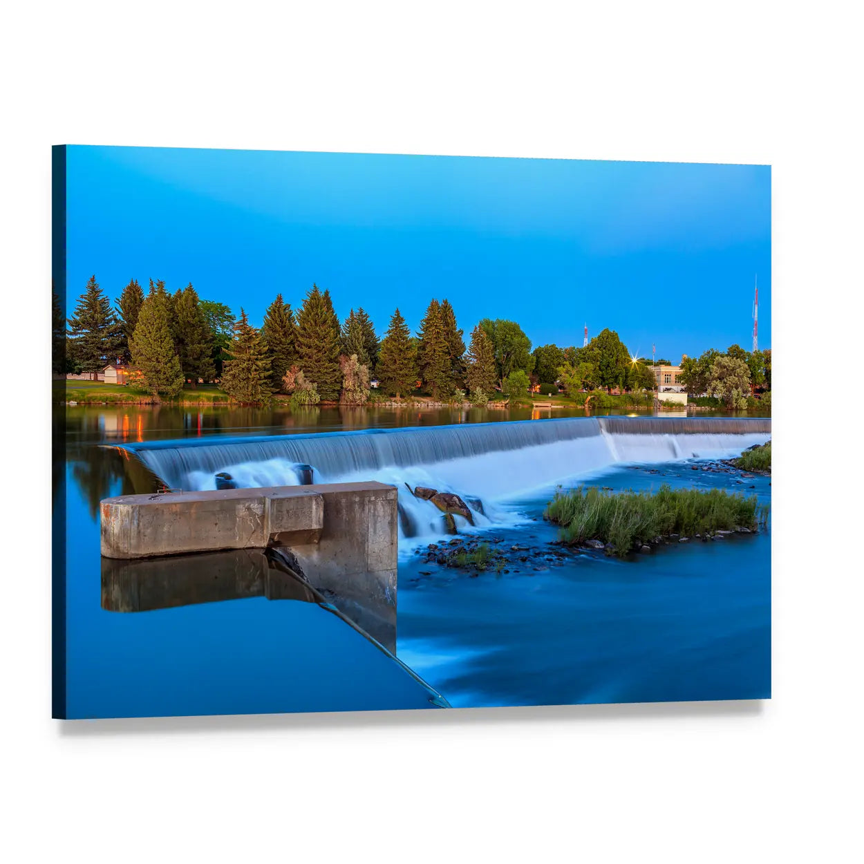 Small Waterfall on River with Trees Canvas Wall Art, single panel gallery wrapped canvas, angled product view