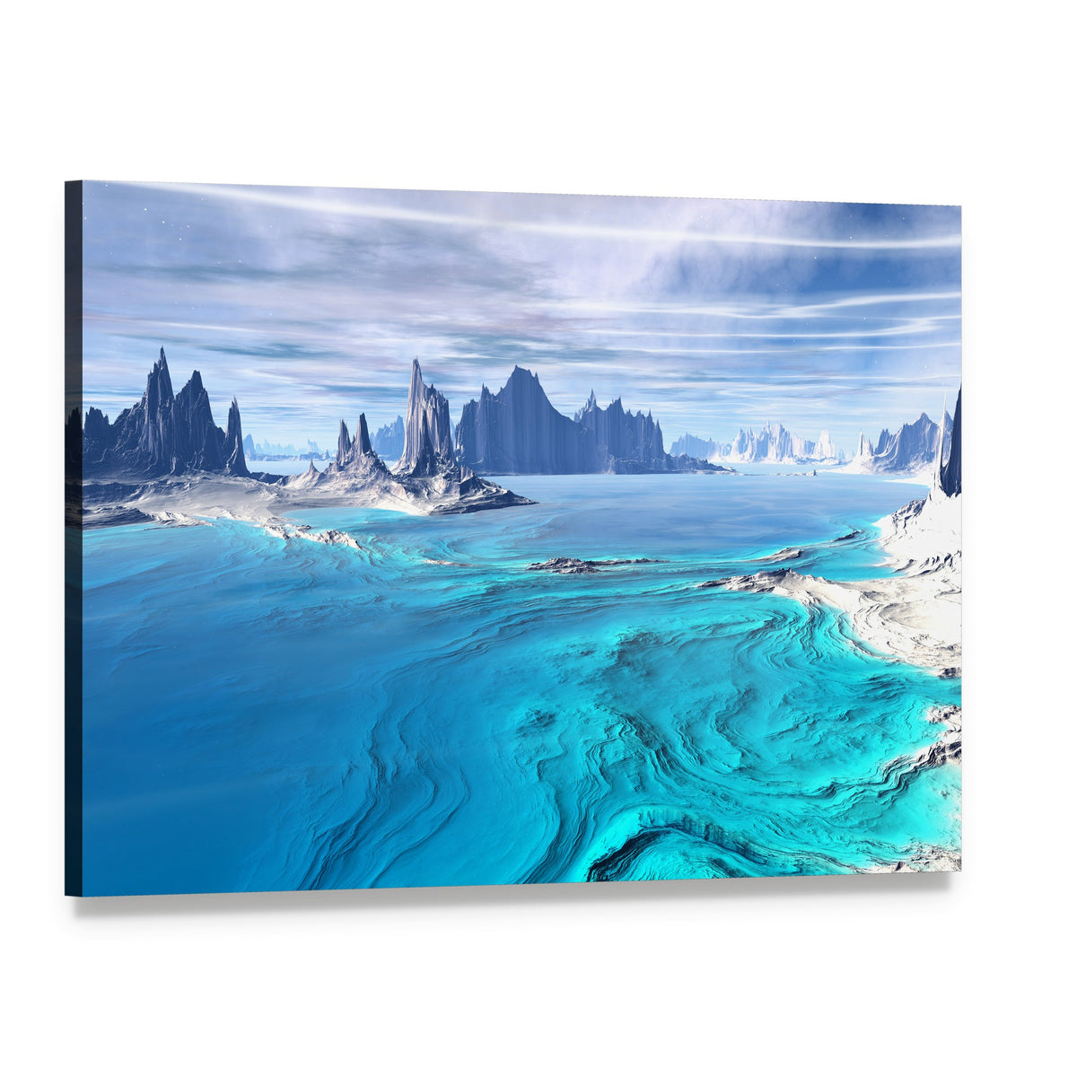 Alien Lake with Pointed Rock Formations Canvas Wall Art, single panel gallery wrapped canvas, angled product view