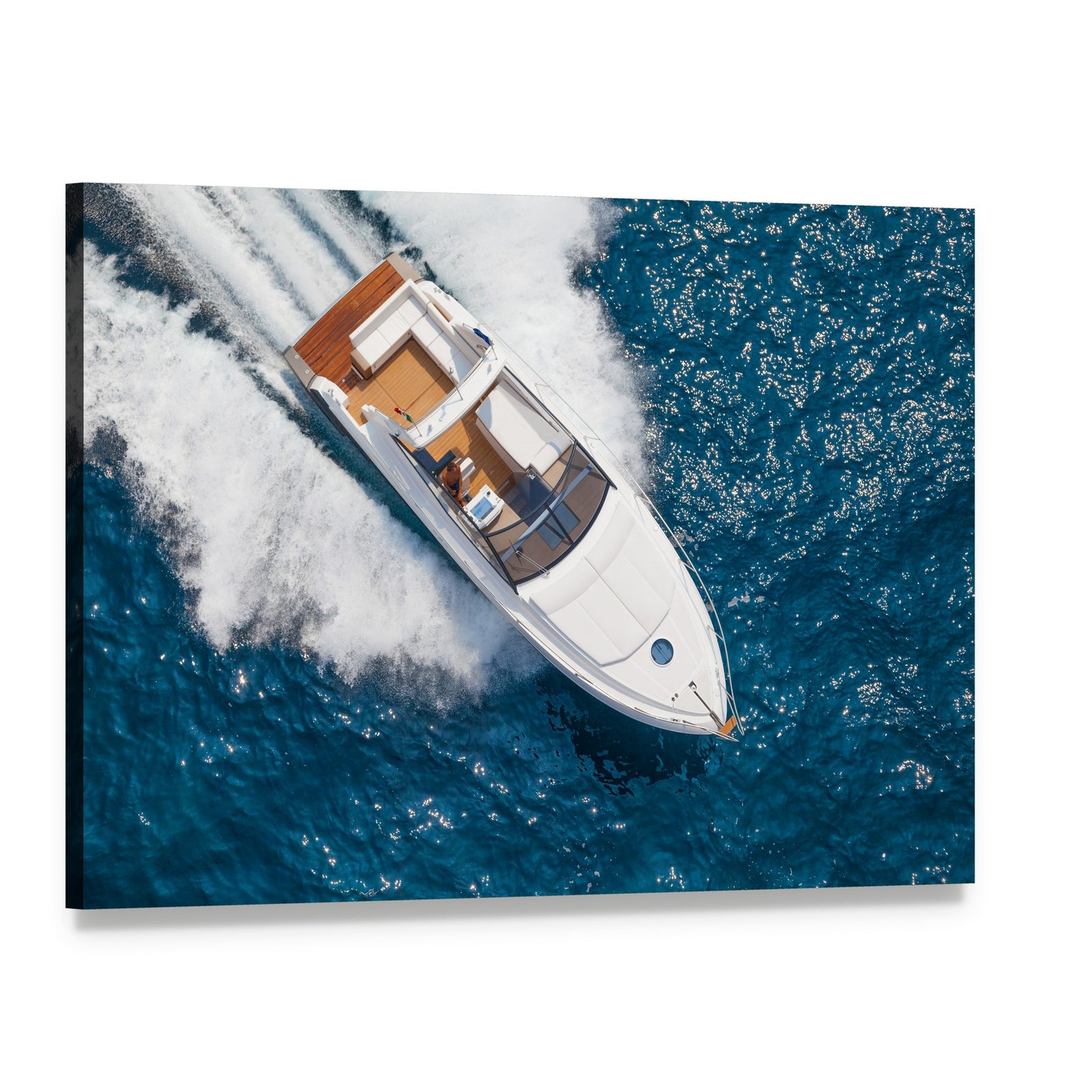 Motor Yacht Aerial View Canvas Wall Art, single panel gallery wrapped canvas, angled product view