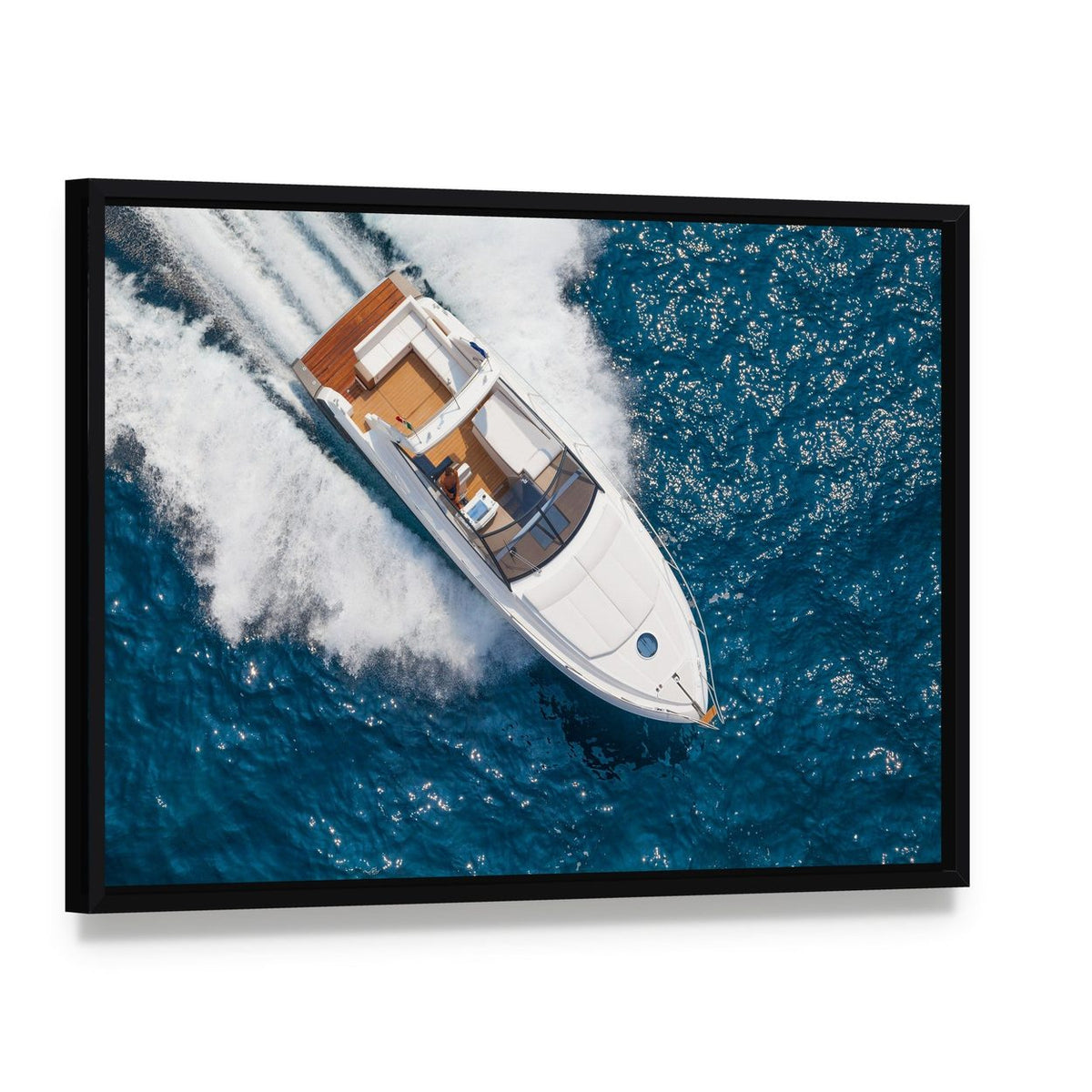 Motor Yacht Aerial View Canvas Wall Art, framed canvas in a black floater frame, angled product view