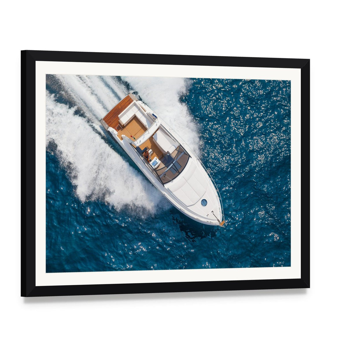 Motor Yacht Aerial View Canvas Wall Art, framed print with white mat and black frame, angled product view