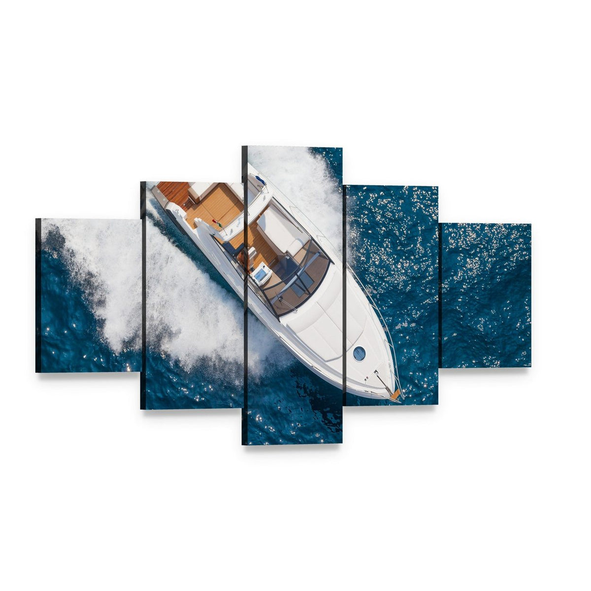 Motor Yacht Aerial View Canvas Wall Art, 5 panel 5 Star layout gallery wrapped canvas set, angled product view