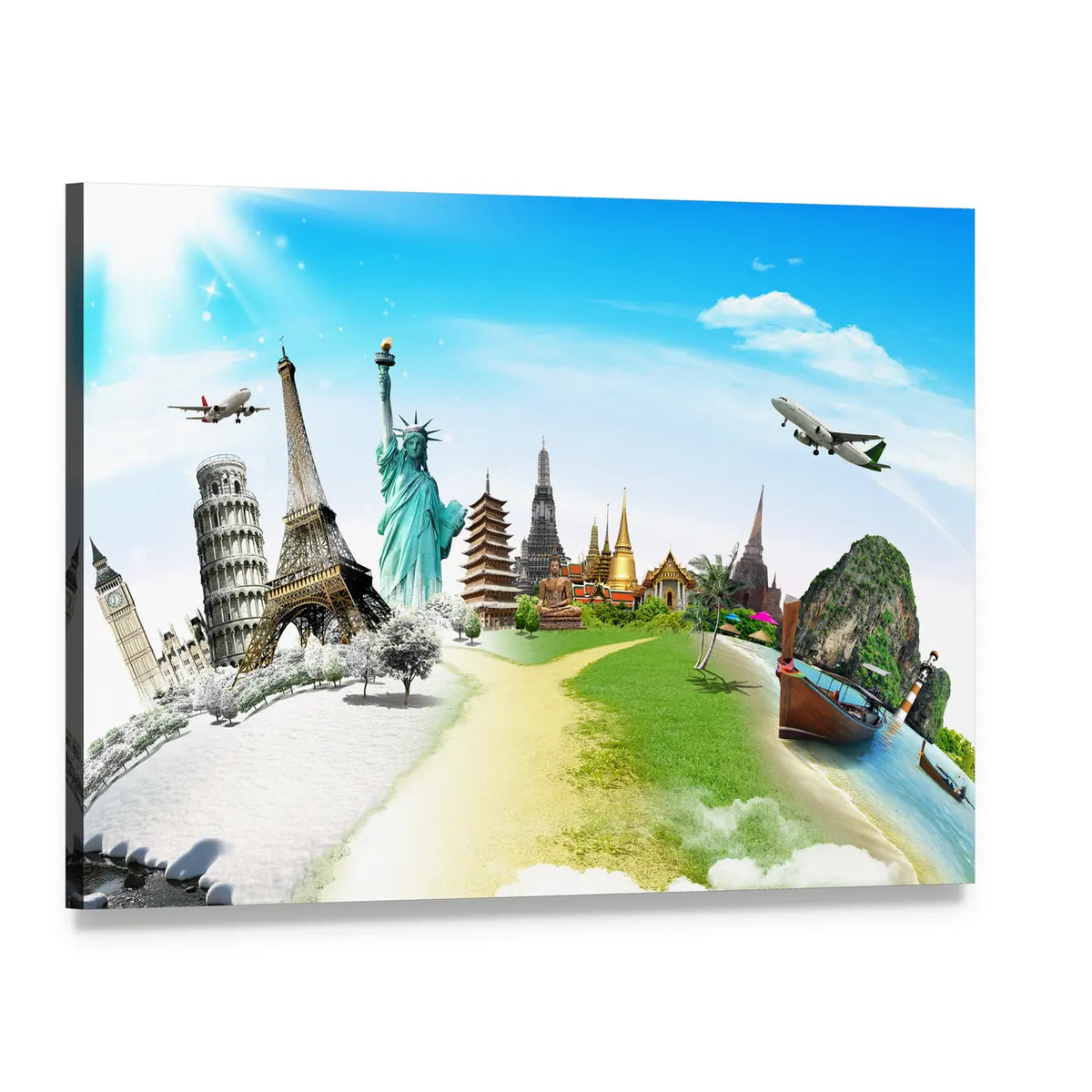 World Monuments Montage Canvas Wall Art, single panel gallery wrapped canvas, angled product view