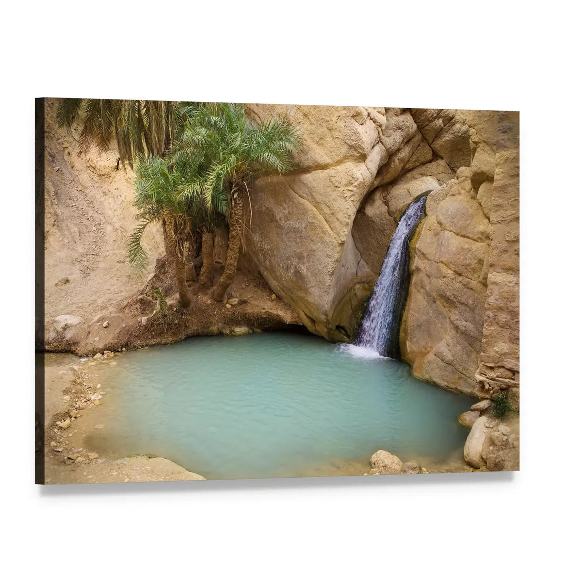 Mountain Oasis Waterfall with Clear Blue Pool Canvas Wall Art, single panel gallery wrapped canvas, angled product view
