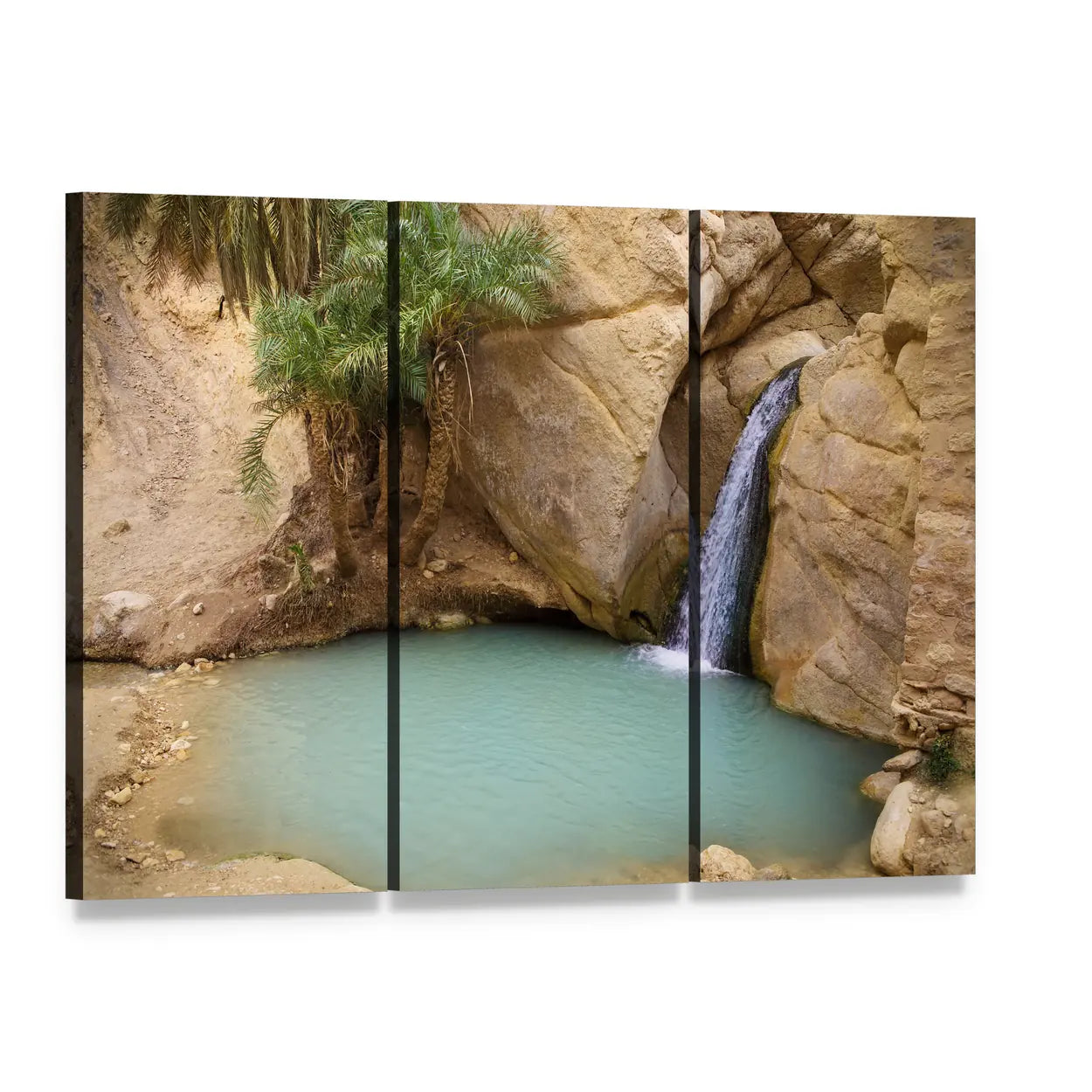Mountain Oasis Waterfall with Clear Blue Pool Canvas Wall Art, 3 panel 3 Horizontal layout gallery wrapped canvas set, angled product view