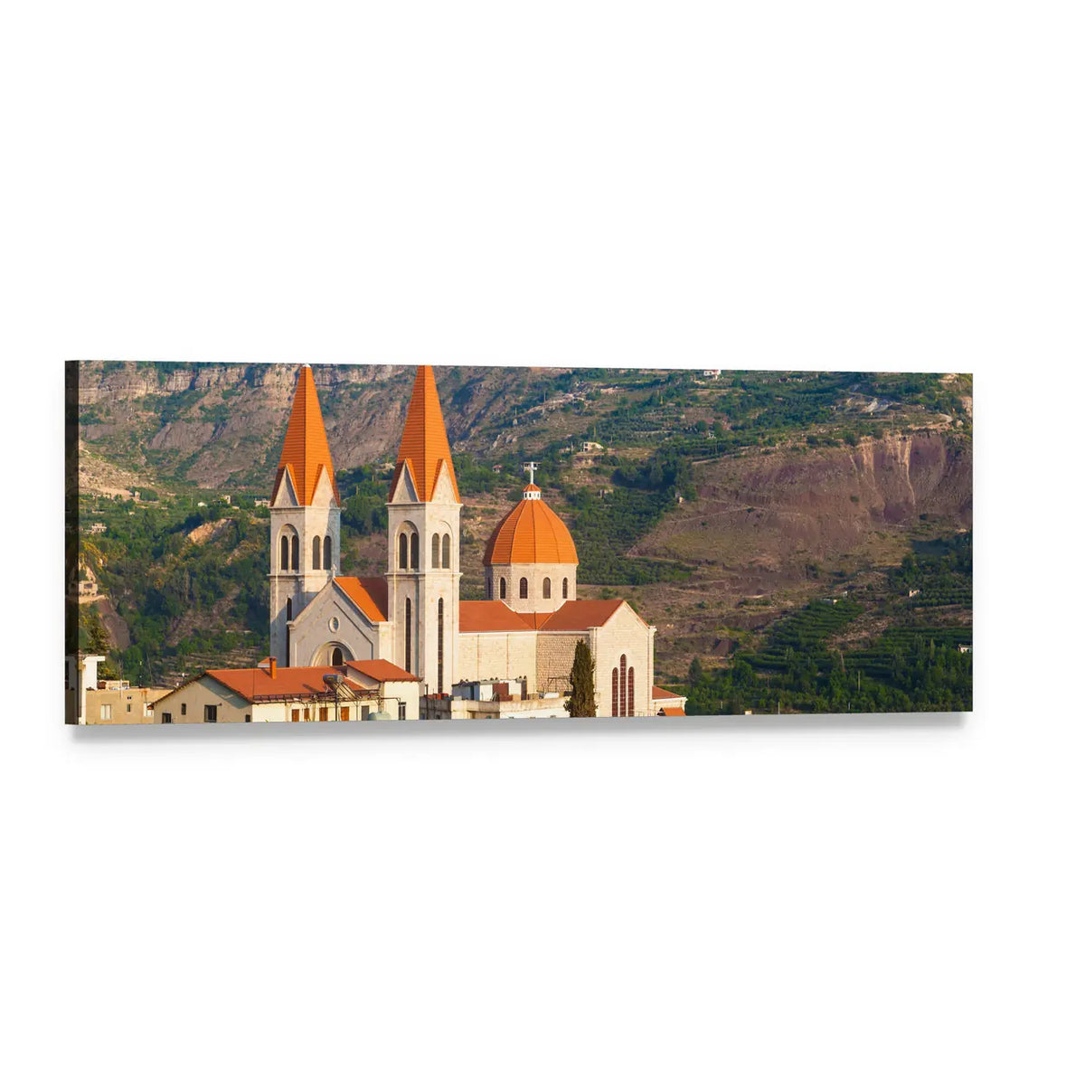 Church in Bsharri Panoramic Canvas Wall Art, single panel gallery wrapped canvas, angled product view