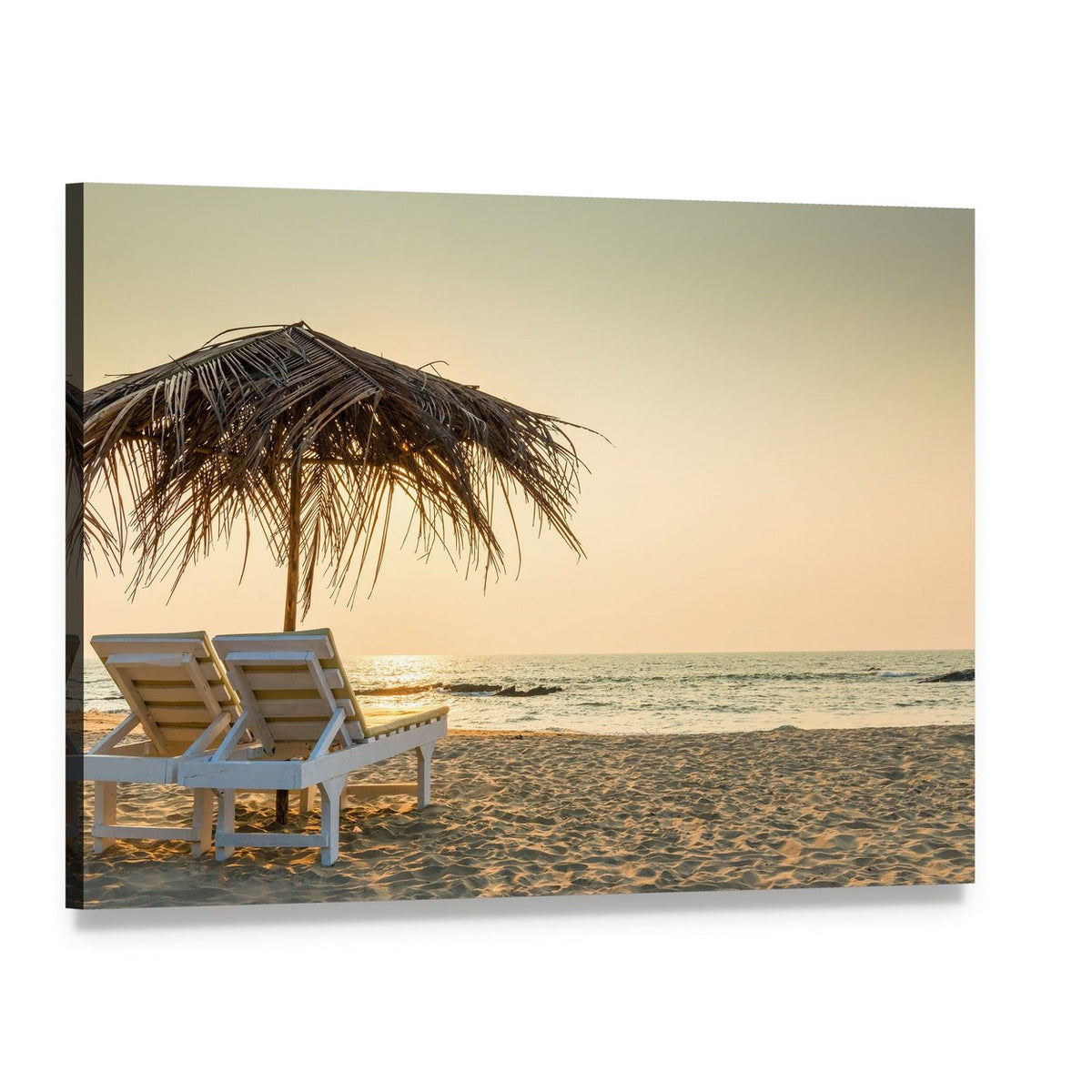 Two White Lounge Chairs with Thatched Umbrella Canvas Wall Art, single panel gallery wrapped canvas, angled product view