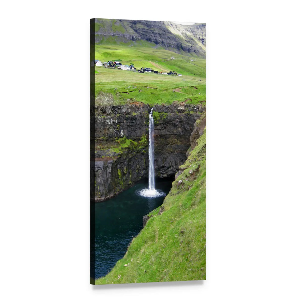Faroe Island Waterfall Vertical Canvas Wall Art, 1 panel 1 Vertical layout gallery wrapped canvas set, angled product view