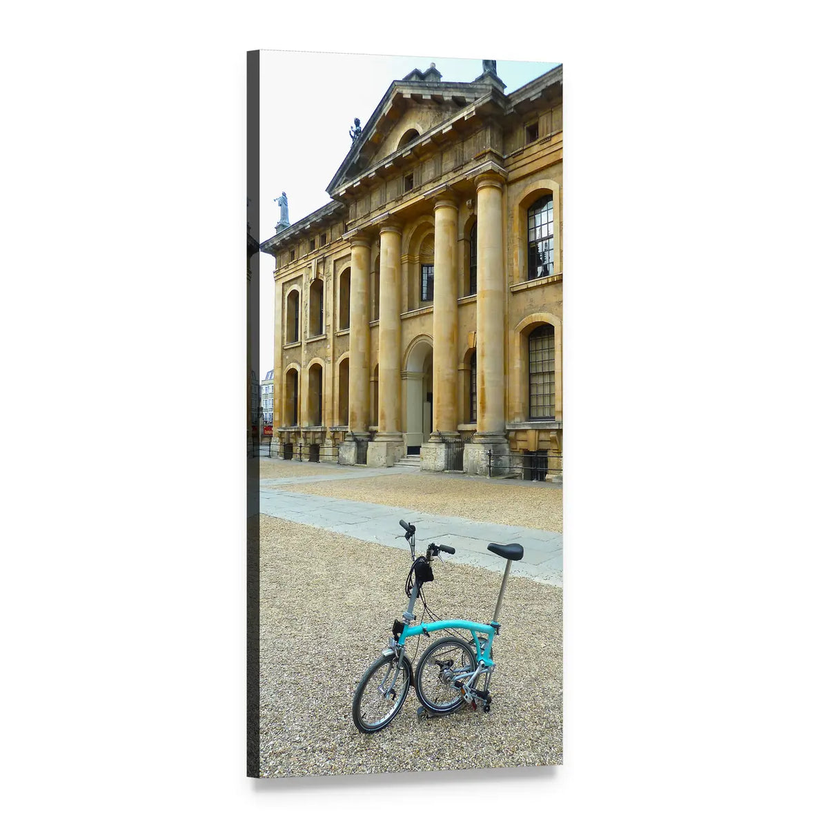 Bicycle in Front of Old Building Vertical Canvas Wall Art, 1 panel 1 Vertical layout gallery wrapped canvas set, angled product view
