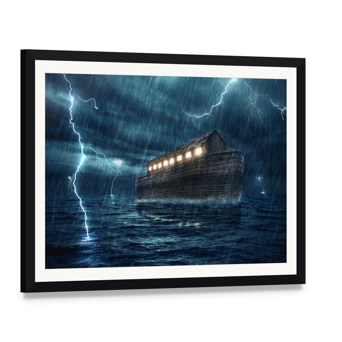Noah's Ark in Stormy Sea Canvas Wall Art, framed print with white mat and black frame, angled product view