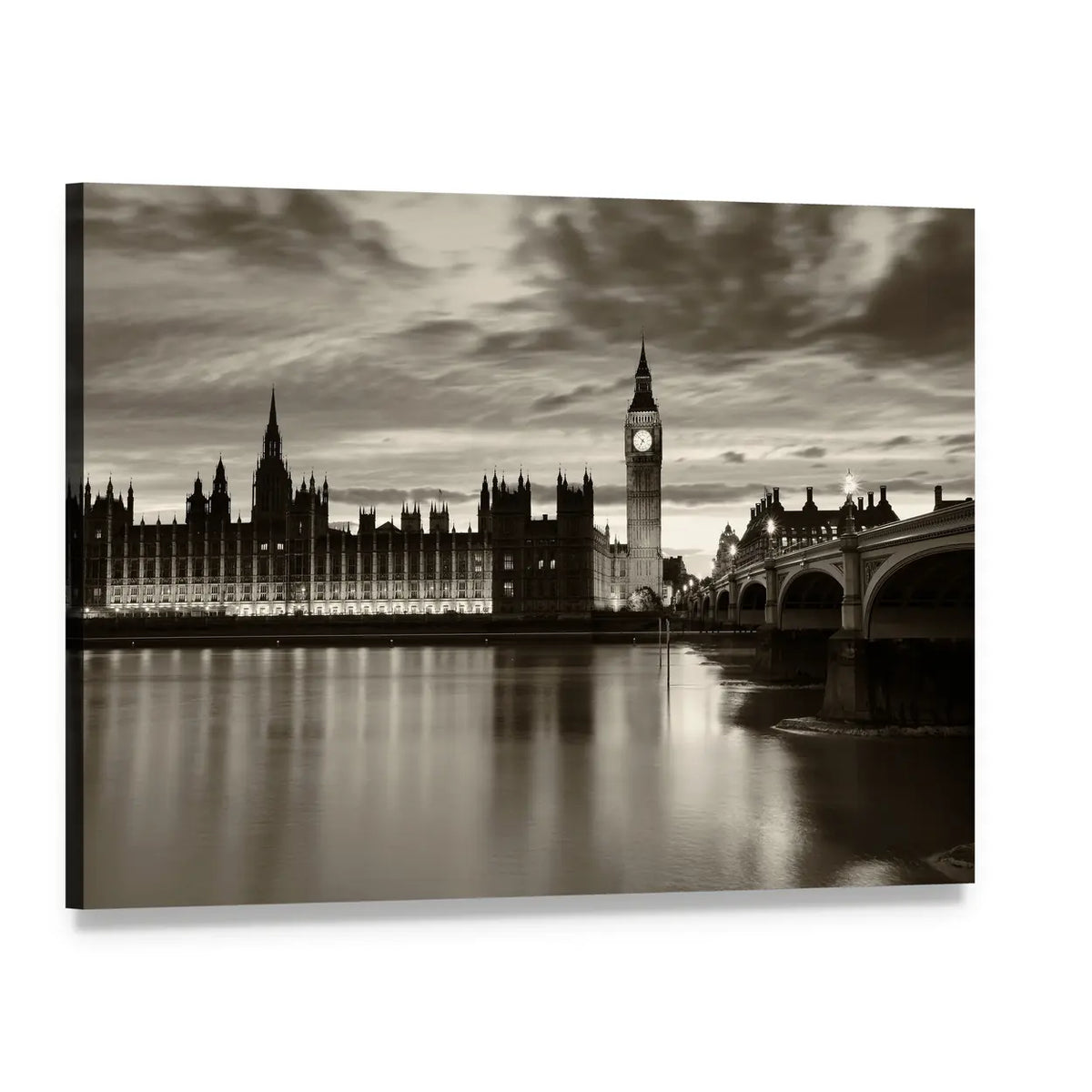 Monochrome Big Ben at Twilight Canvas Wall Art, single panel gallery wrapped canvas, angled product view