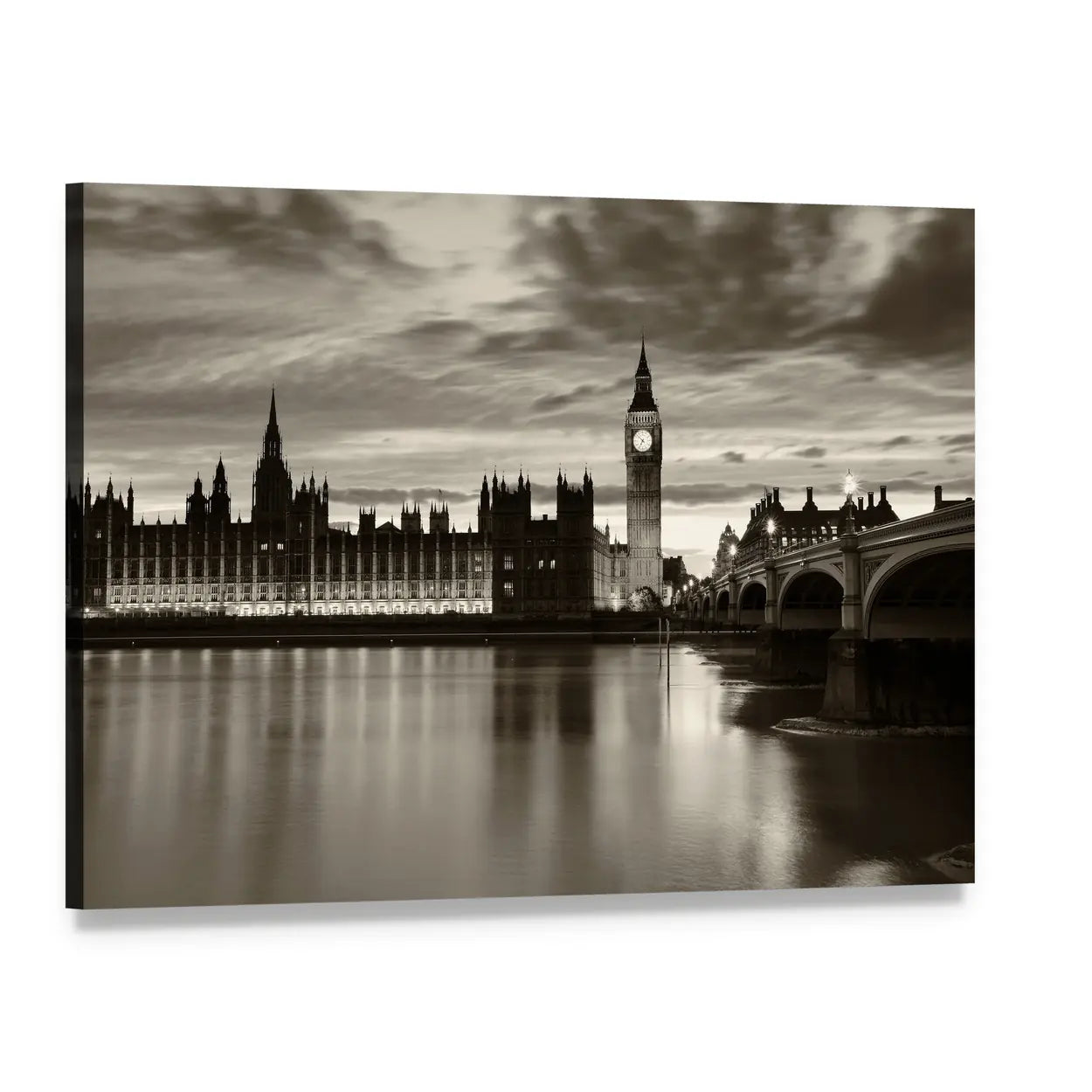Monochrome Big Ben at Dusk Canvas Wall Art, single panel gallery wrapped canvas, angled product view