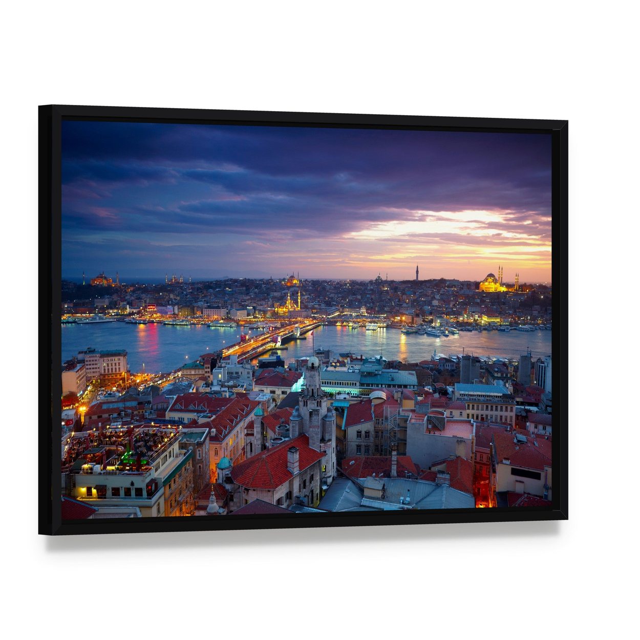 Istanbul Sunset Canvas Wall Art, framed canvas in a black floater frame, angled product view
