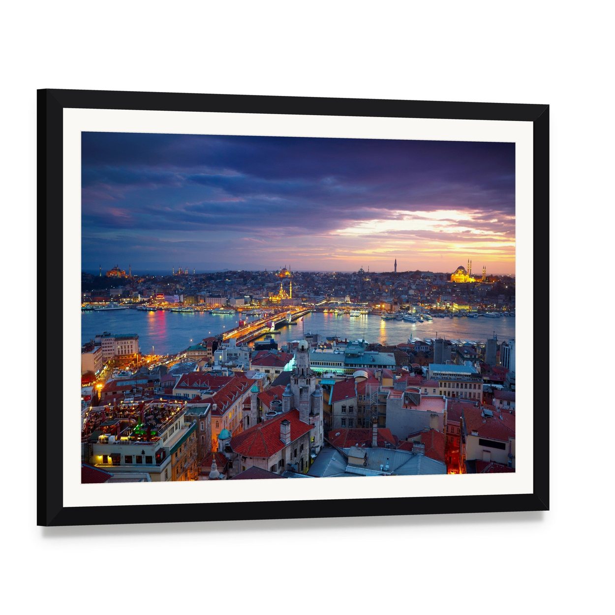 Istanbul Sunset Canvas Wall Art, framed print with white mat and black frame, angled product view
