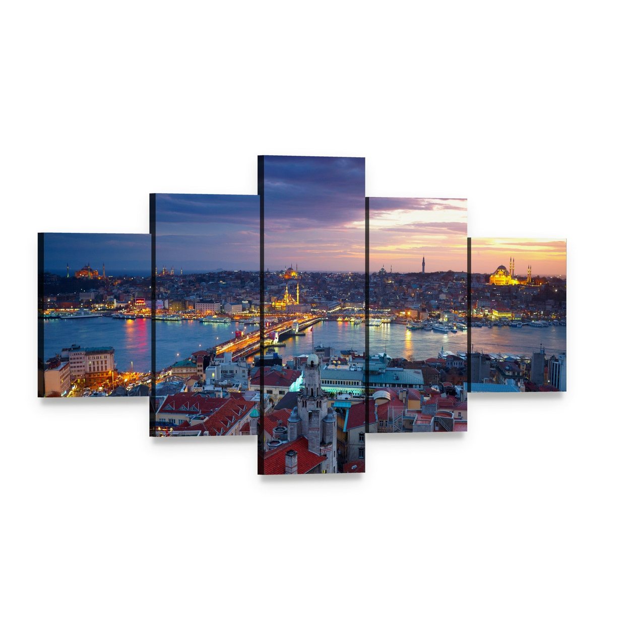 Istanbul Sunset Canvas Wall Art, 5 panel 5 Star layout gallery wrapped canvas set, angled product view