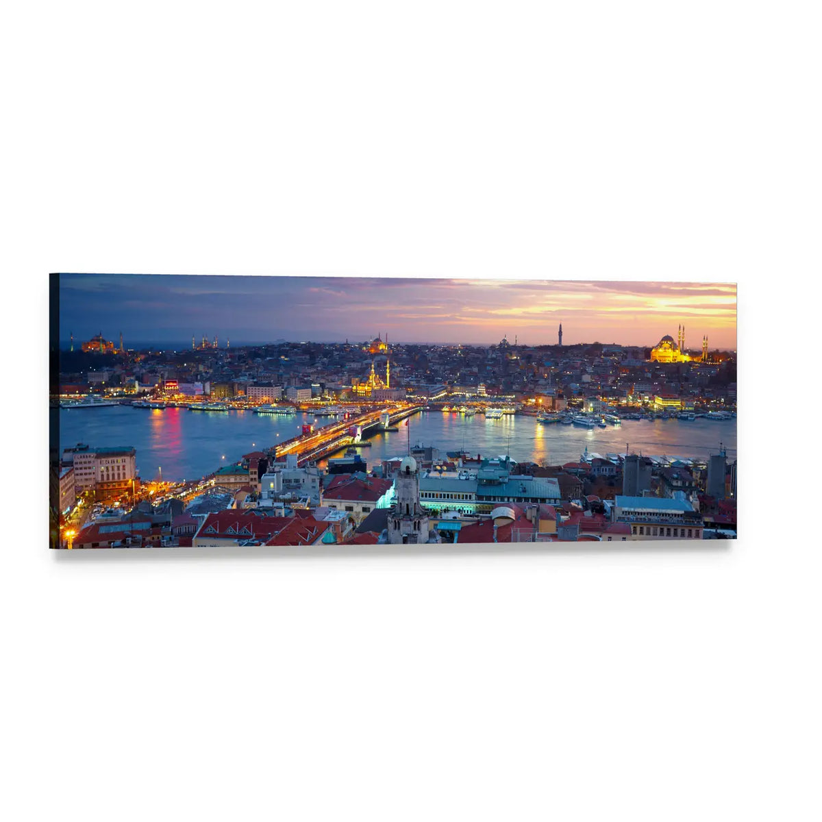 Istanbul Sunset Over Galata Bridge Panoramic Canvas Wall Art, single panel gallery wrapped canvas, angled product view