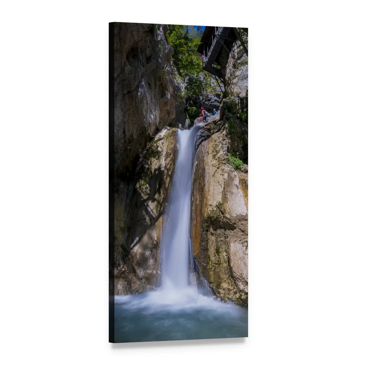 Person Jumping at Waterfall with Wooden Structure Vertical Canvas Wall Art, 1 panel 1 Vertical layout gallery wrapped canvas set, angled product view