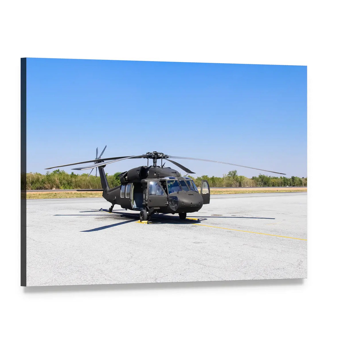 Blackhawk Helicopter on Tarmac Canvas Wall Art, single panel gallery wrapped canvas, angled product view