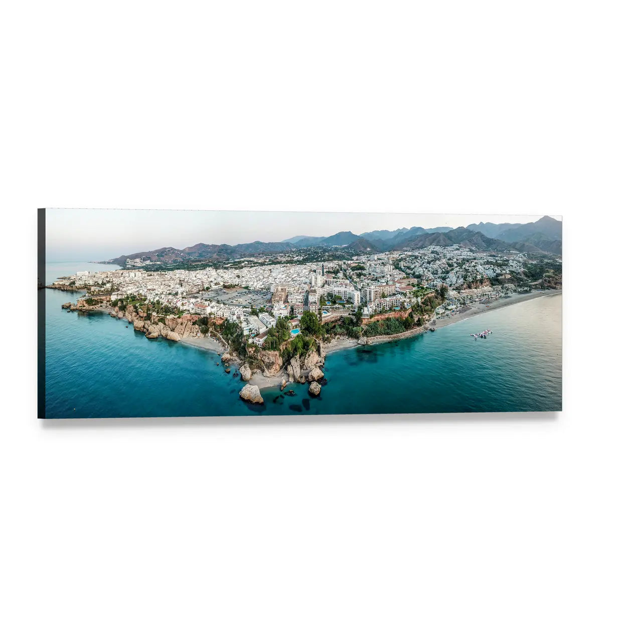 Nerja Coastal Town Aerial View Panoramic Canvas Wall Art, single panel gallery wrapped canvas, angled product view