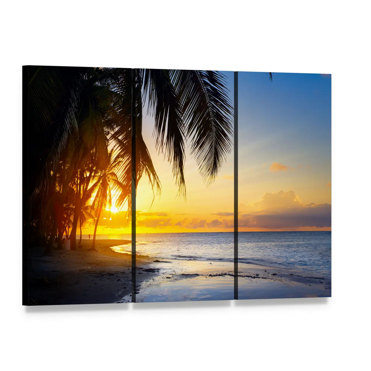 Sunrise Over Tropical Beach Canvas Wall Art, 3 panel 3 Horizontal layout gallery wrapped canvas set, angled product view
