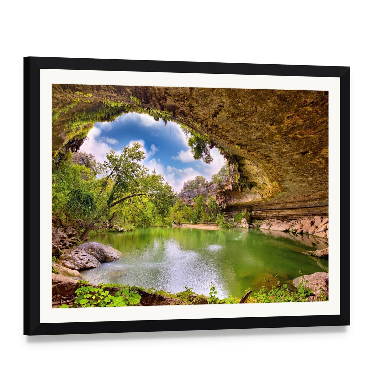 Hamilton Pool Cave Opening Canvas Wall Art, framed print with white mat and black frame, angled product view