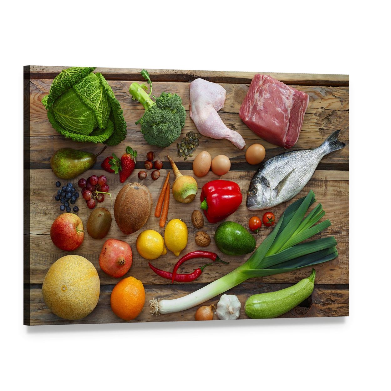 Paleo Diet Food Assortment Canvas Wall Art, single panel gallery wrapped canvas, angled product view