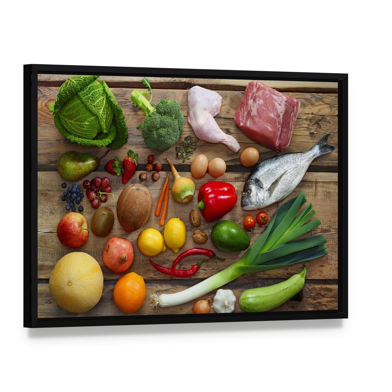 Paleo Diet Food Assortment Canvas Wall Art, framed canvas in a black floater frame, angled product view