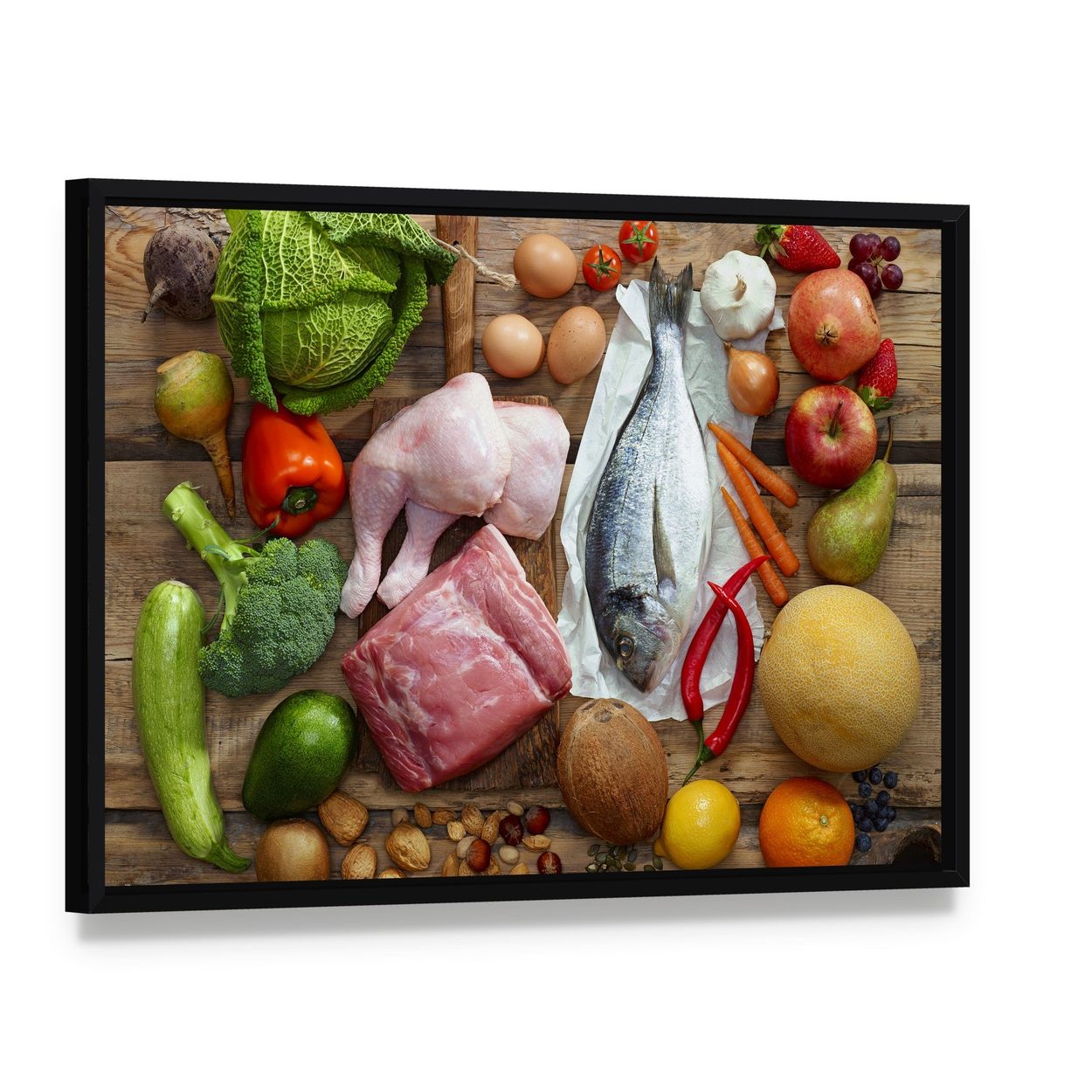 Paleo Diet Collection Canvas Wall Art, framed canvas in a black floater frame, angled product view