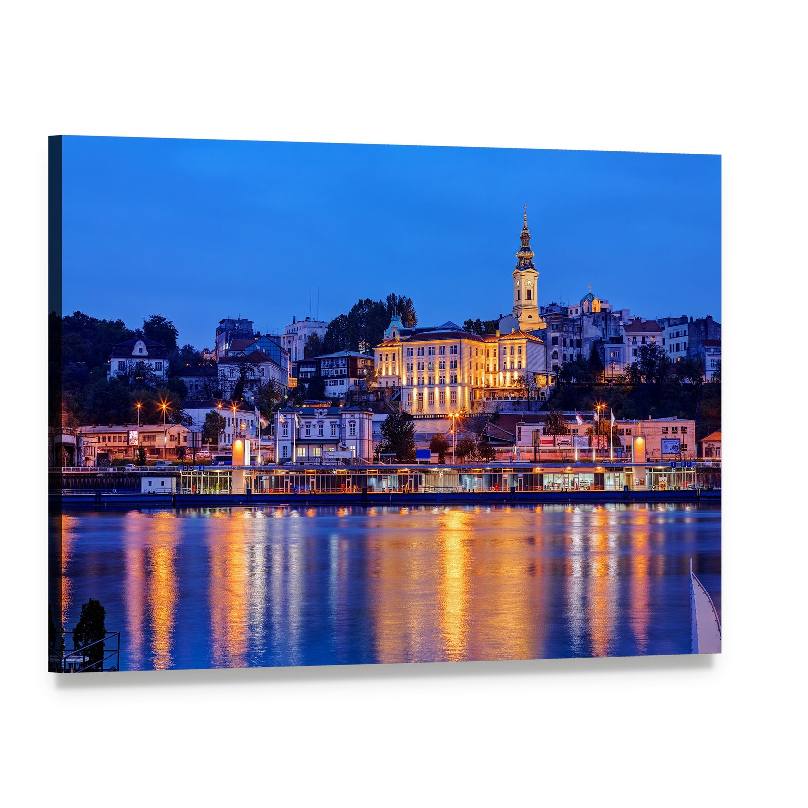 Belgrade Riverfront at Night Canvas Wall Art, single panel gallery wrapped canvas, angled product view