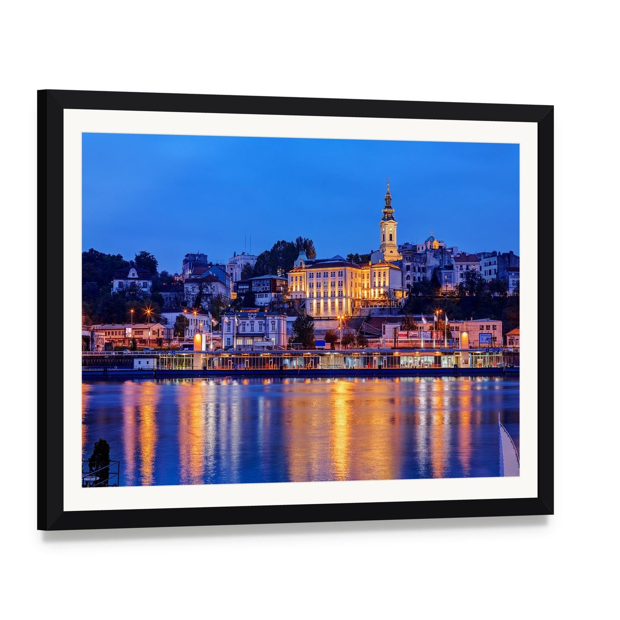 Belgrade Riverfront at Night Canvas Wall Art, framed print with white mat and black frame, angled product view