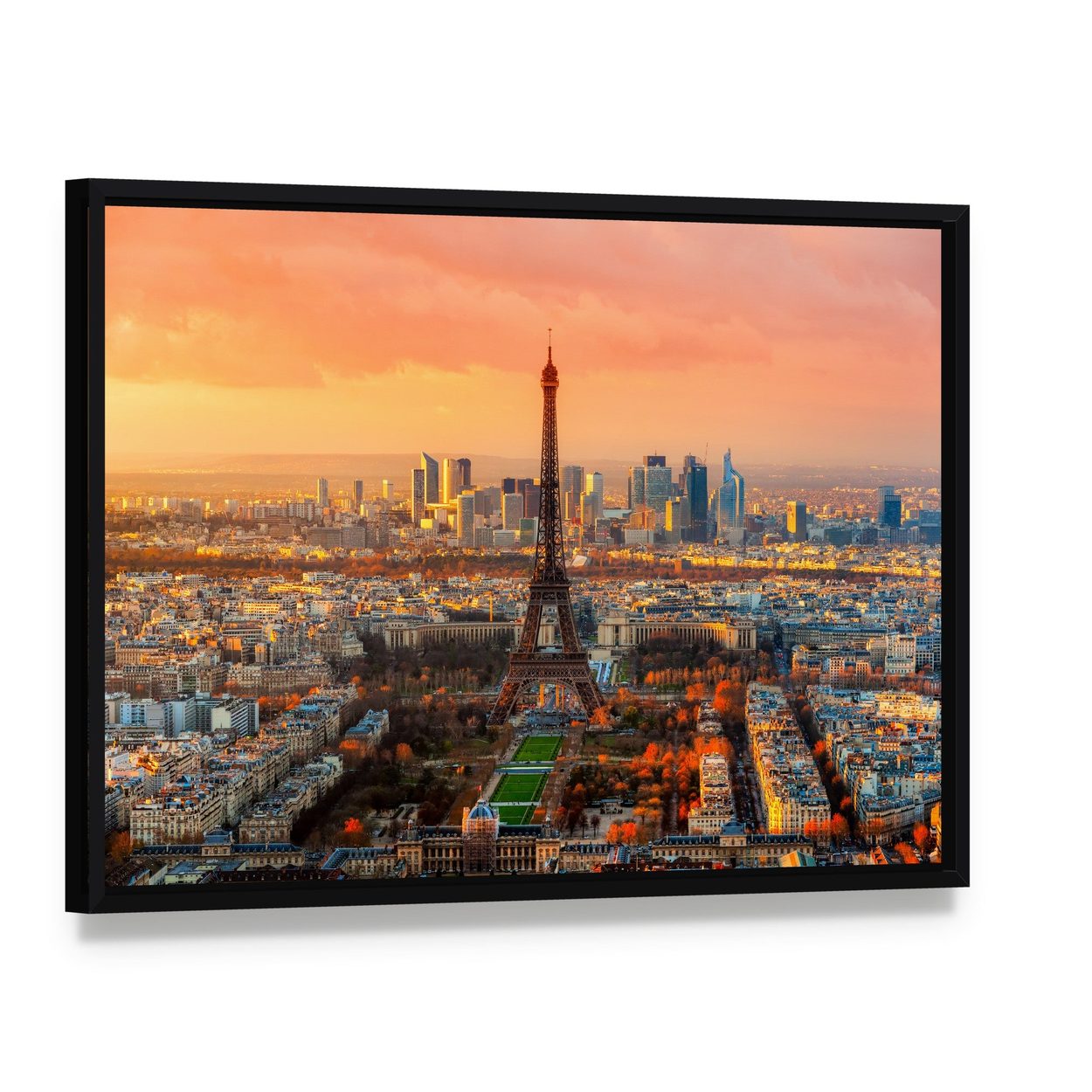 Paris Twilight View Canvas Wall Art, framed canvas in a black floater frame, angled product view