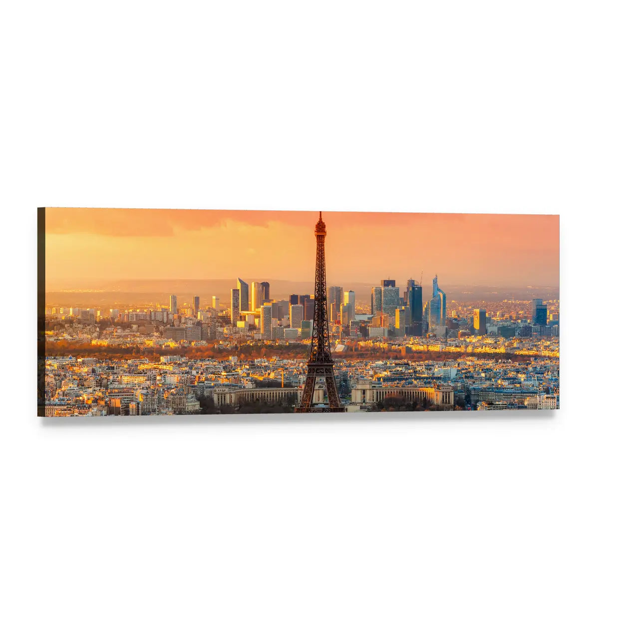 Eiffel Tower at Golden Hour Panoramic Canvas Wall Art, single panel gallery wrapped canvas, angled product view