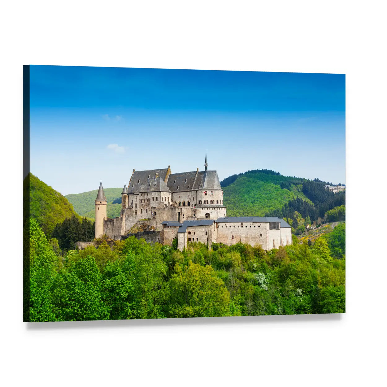 Vianden Castle and Forested Hills Canvas Wall Art, single panel gallery wrapped canvas, angled product view