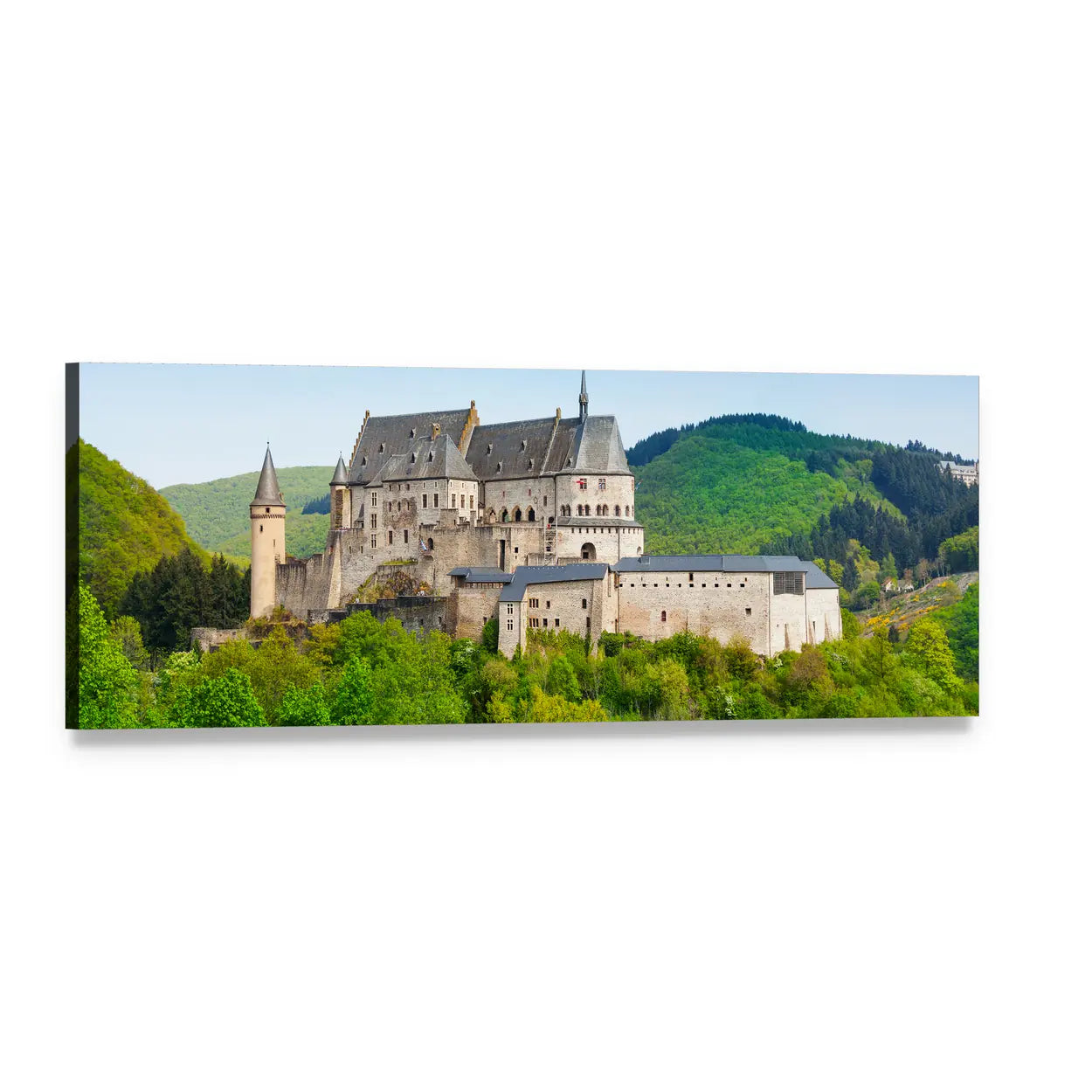 Vianden Castle on Forested Hill Panoramic Canvas Wall Art, single panel gallery wrapped canvas, angled product view