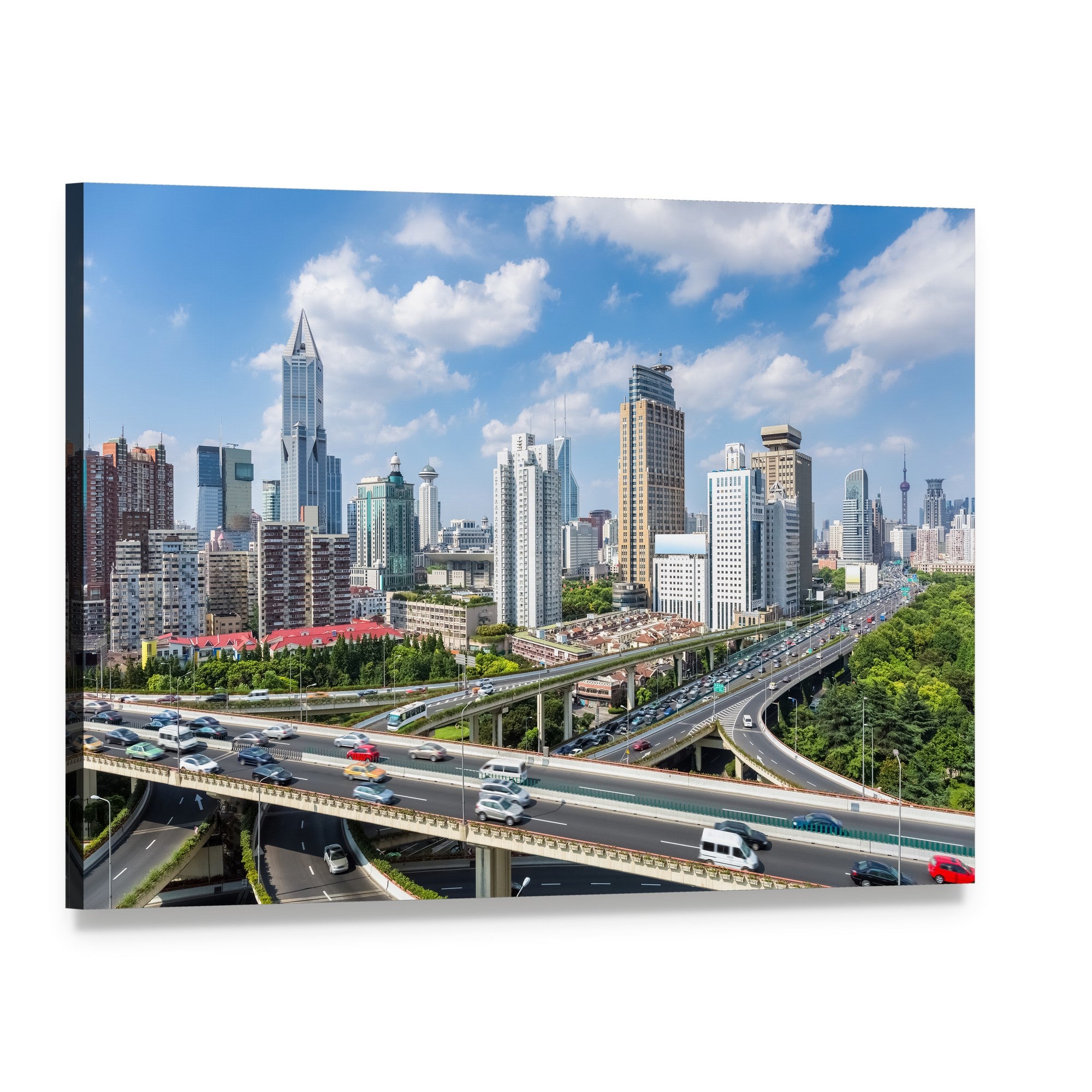 Shanghai Skyline with Busy Traffic Canvas Wall Art, single panel gallery wrapped canvas, angled product view