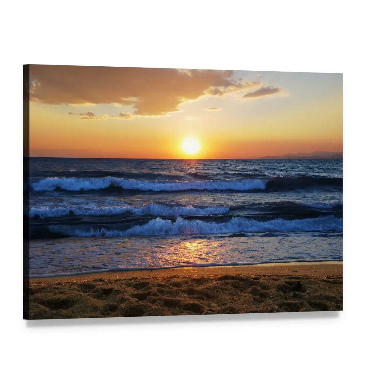 Sunset Over Ocean and Sandy Beach Canvas Wall Art, single panel gallery wrapped canvas, angled product view