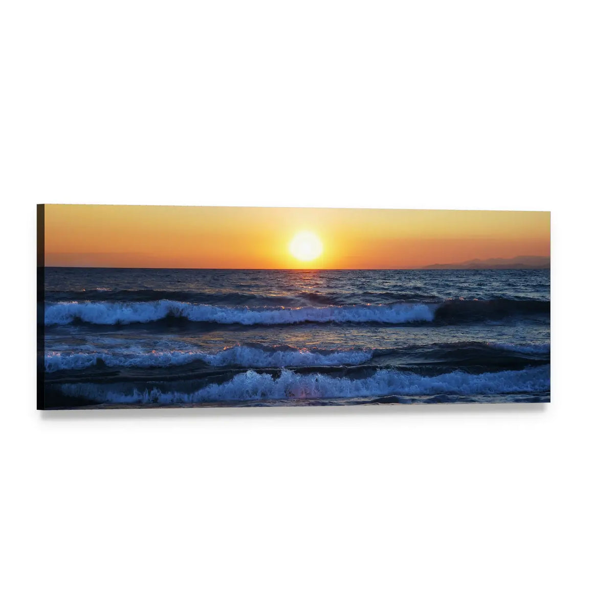 Sunset Over the Aegean Sea Panoramic Canvas Wall Art, single panel gallery wrapped canvas, angled product view