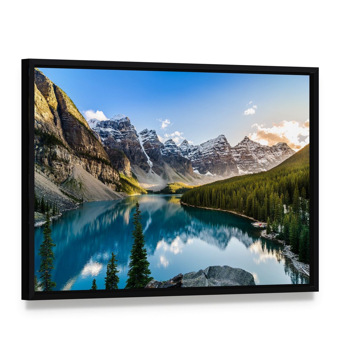 Serene Moraine Lake and Snow-capped Mountains Canvas Wall Art, framed canvas in a black floater frame, angled product view