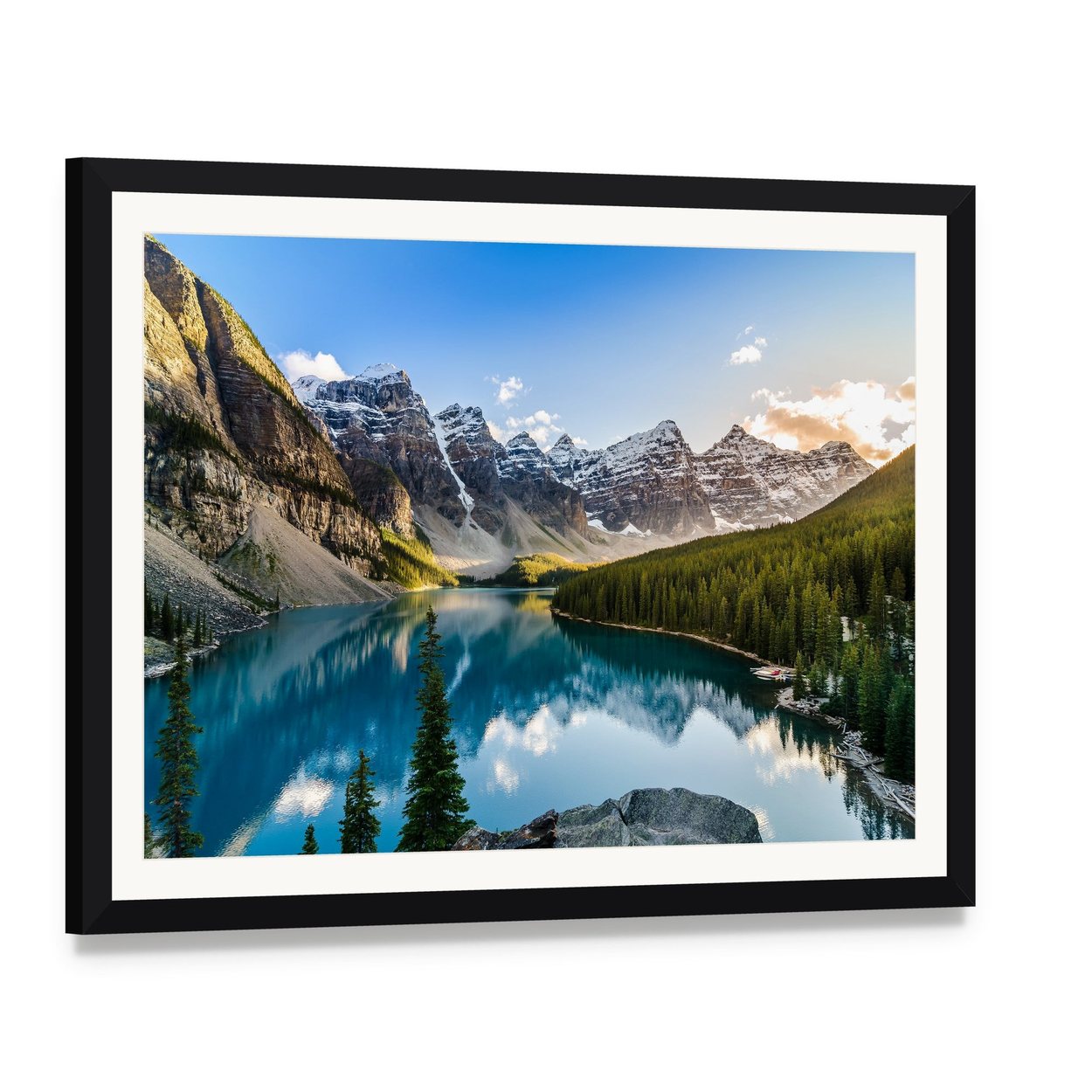 Serene Moraine Lake and Snow-capped Mountains Canvas Wall Art, framed print with white mat and black frame, angled product view
