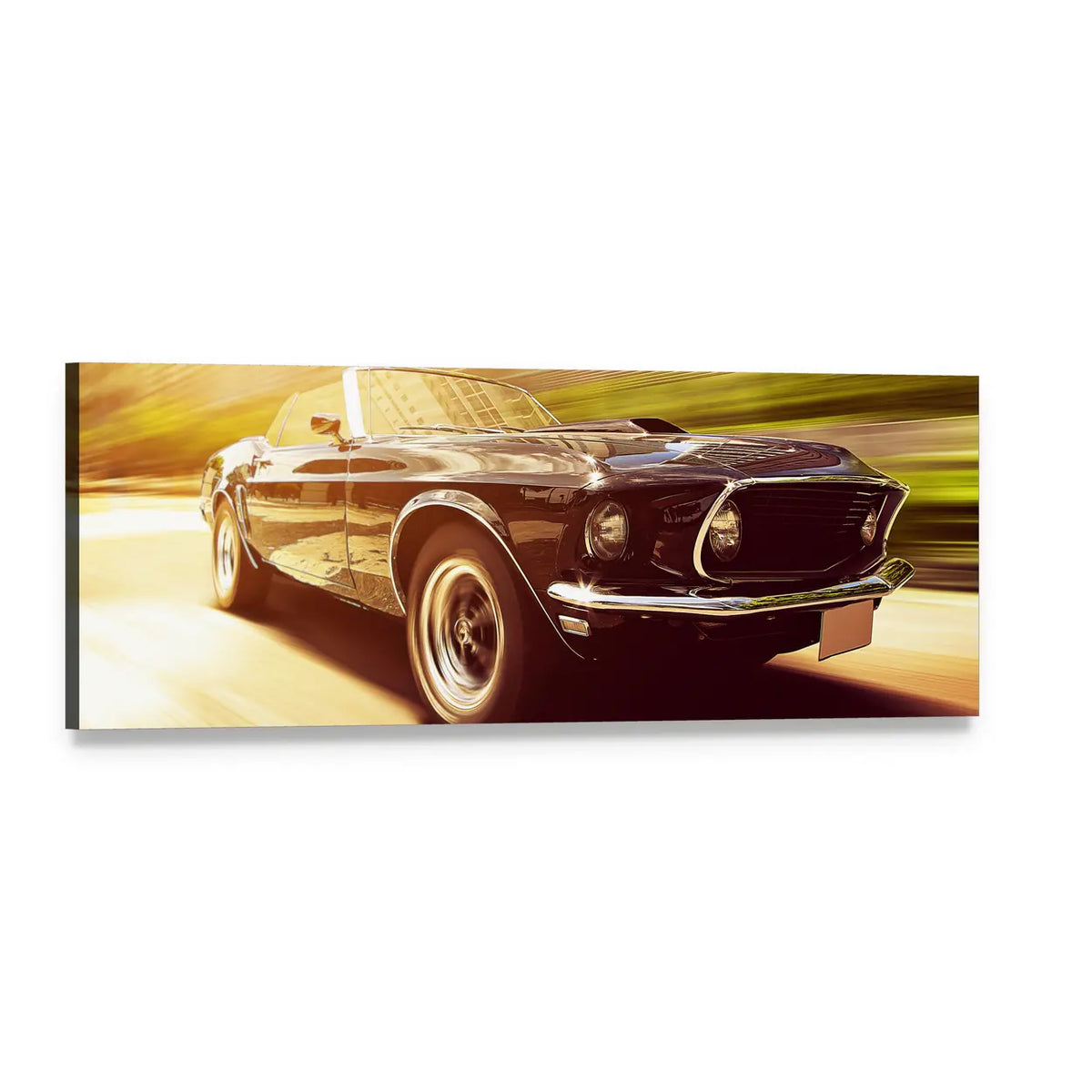 Vintage Ford Mustang Muscle Car Panoramic Canvas Wall Art, single panel gallery wrapped canvas, angled product view
