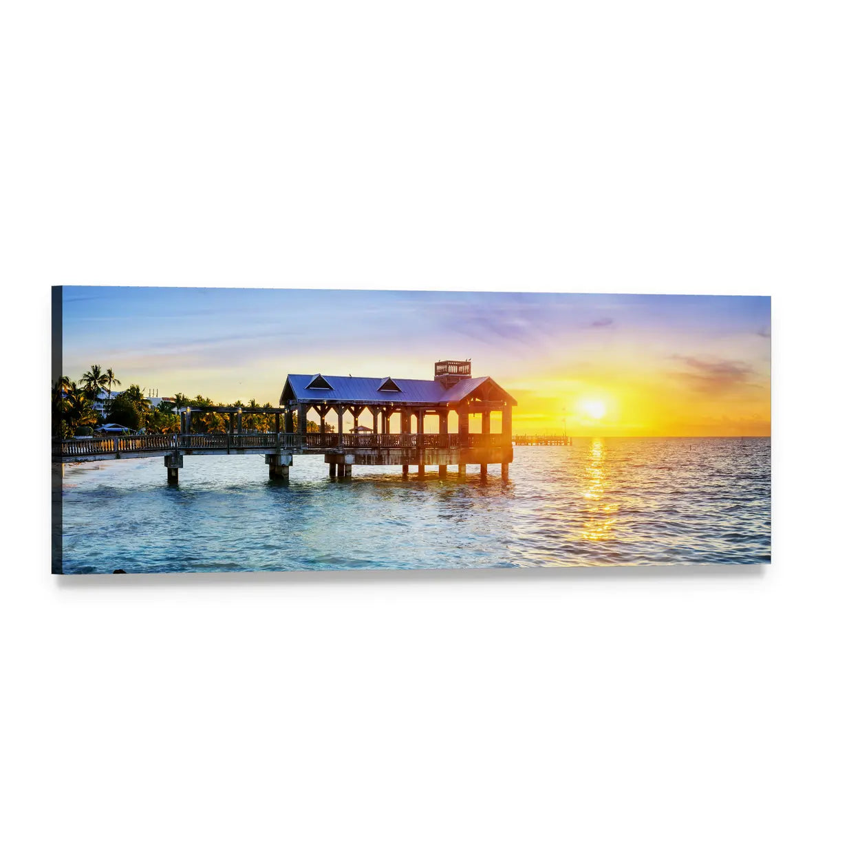 Sunset Pier with Gabled Gazebo Panoramic Canvas Wall Art, single panel gallery wrapped canvas, angled product view