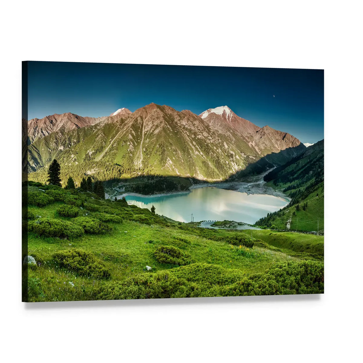 Big Almaty Lake Alpine Landscape Canvas Wall Art, single panel gallery wrapped canvas, angled product view