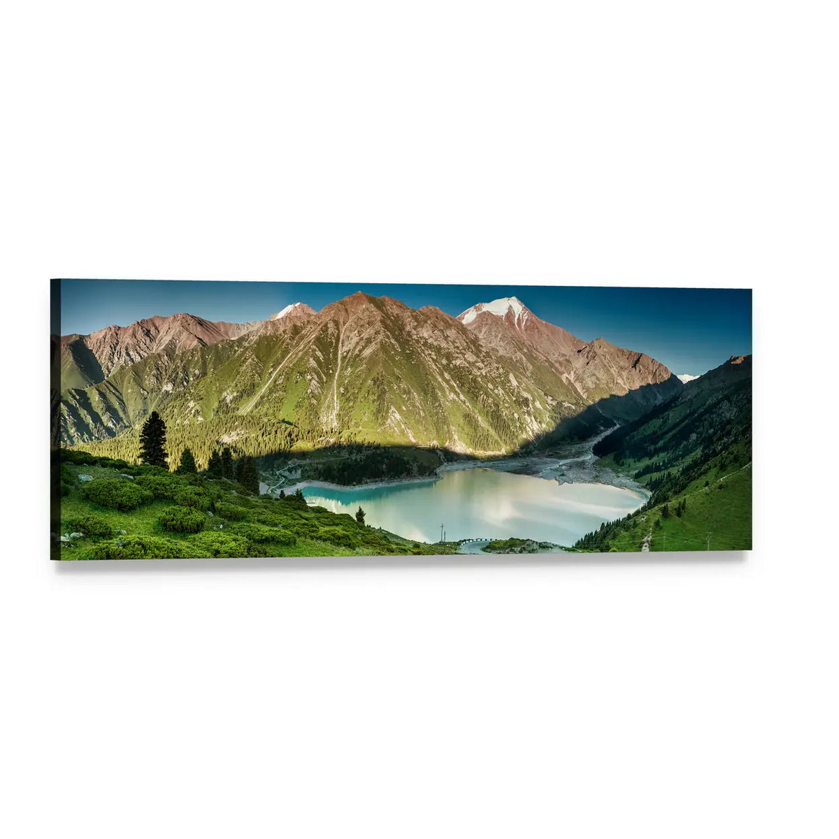 Big Almaty Lake Mountain Reflection Panoramic Canvas Wall Art, single panel gallery wrapped canvas, angled product view
