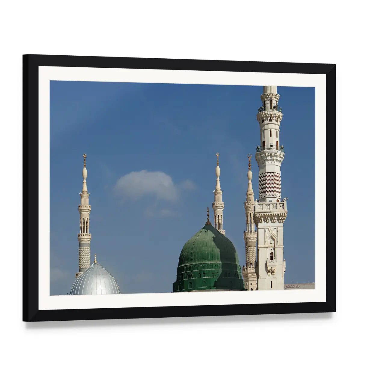 Masjid E Nabawi Canvas Wall Art, framed print with white mat and black frame, angled product view