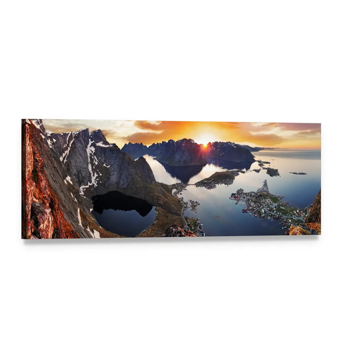 Norway Mountain Coast at Sunrise Panoramic Canvas Wall Art, single panel gallery wrapped canvas, angled product view